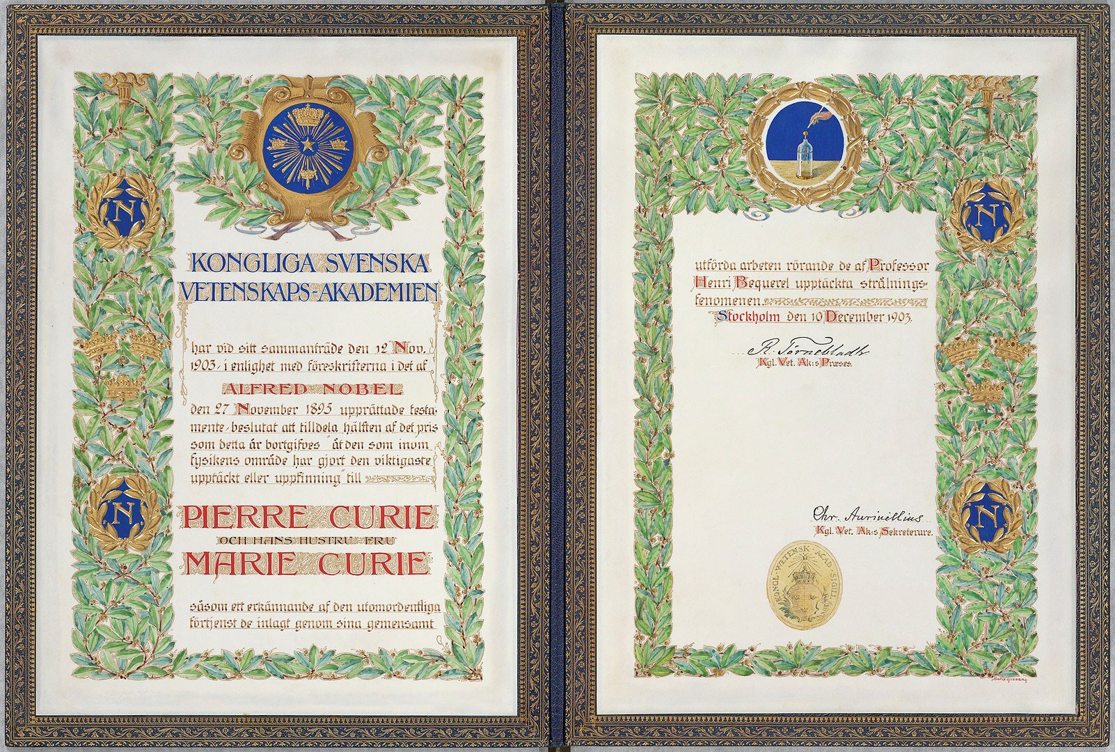A picture of the 1903 Nobel prize for Physics for Marie Curie and her husband
