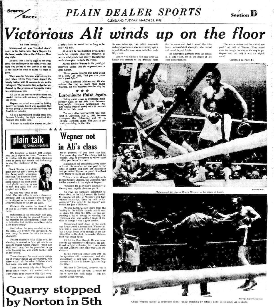 A newspaper clipping of the fight between Ali and Wepner