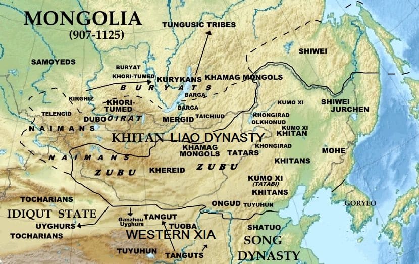 A map of Mongolia depicting the location of the Shiwei tribes